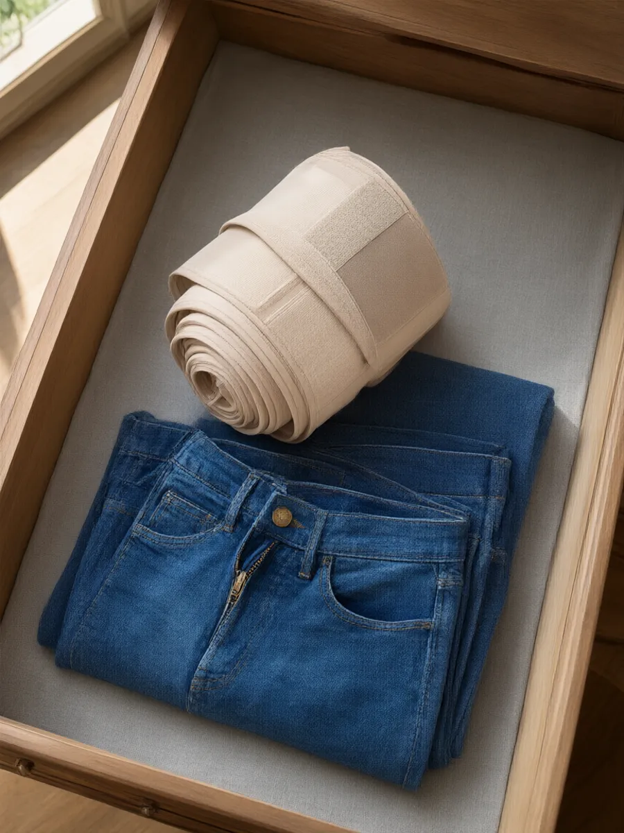 Una pancera arrotolata sopra i jeans di prima, nel cassetto