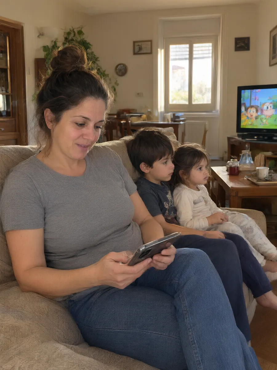 Sara sul divano coi figli, legge la guida sul telefono