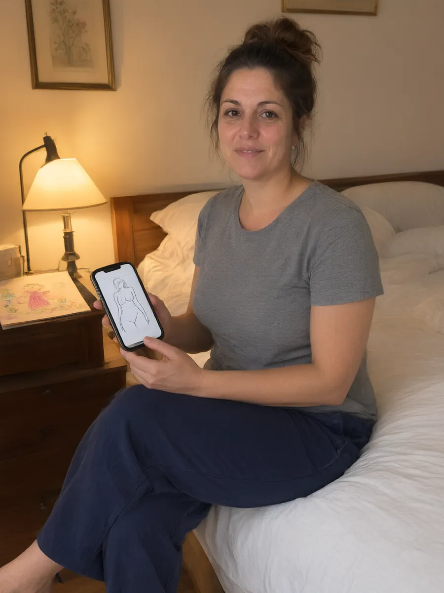 Sara sul letto, la sera, legge la guida sul telefono