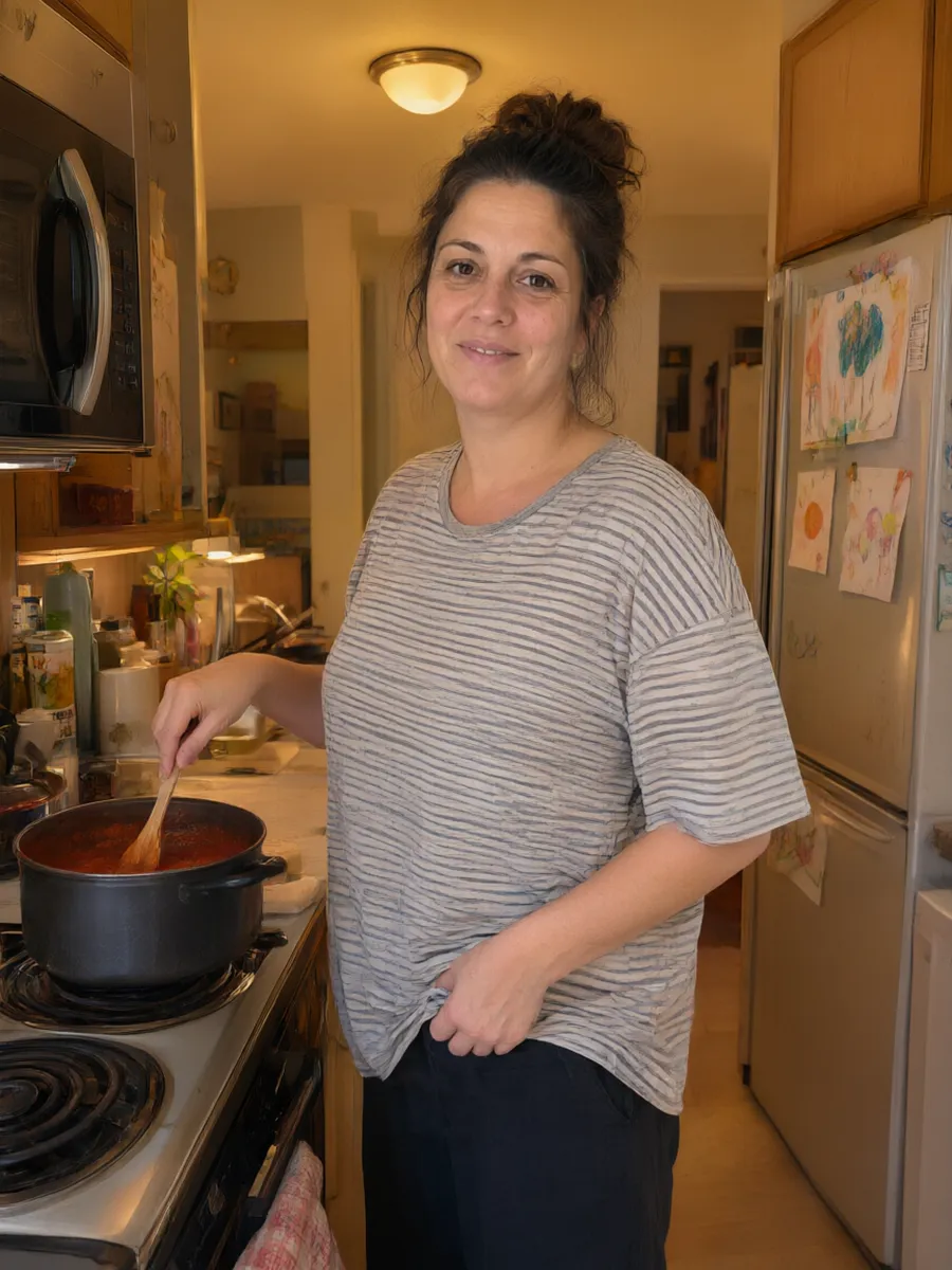 Sara in cucina alle sei di sera, slaccia il bottone dei pantaloni